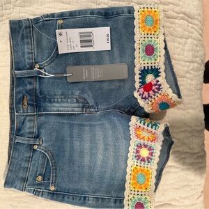 Tractr Blue Denim Shorts with Colorful Crochet Trim